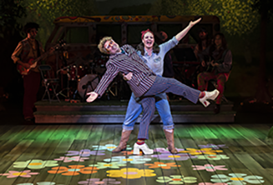 Audry in denem shirt and pants and brown boots hods Touchstone wearing striped jacket and platform shoes on the flower lit stage, with the band in the background shadows. 